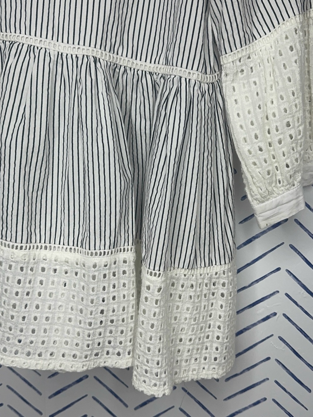 ChicWish Black white Pinstripe Eyelet Baby Doll Ruffled Blouse  Size small - Picture 3 of 6